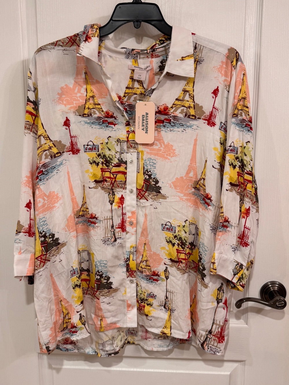 Allison Daley White Blouse with Yellow, Red and Pink Paris Print